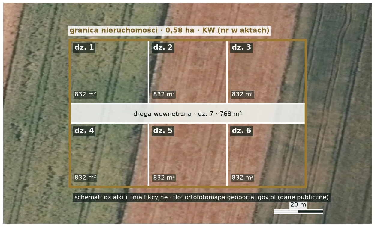 Mapa A: granice nieruchomości i siedmiu działek po podziale na tle ortofotomapy, z powierzchniami