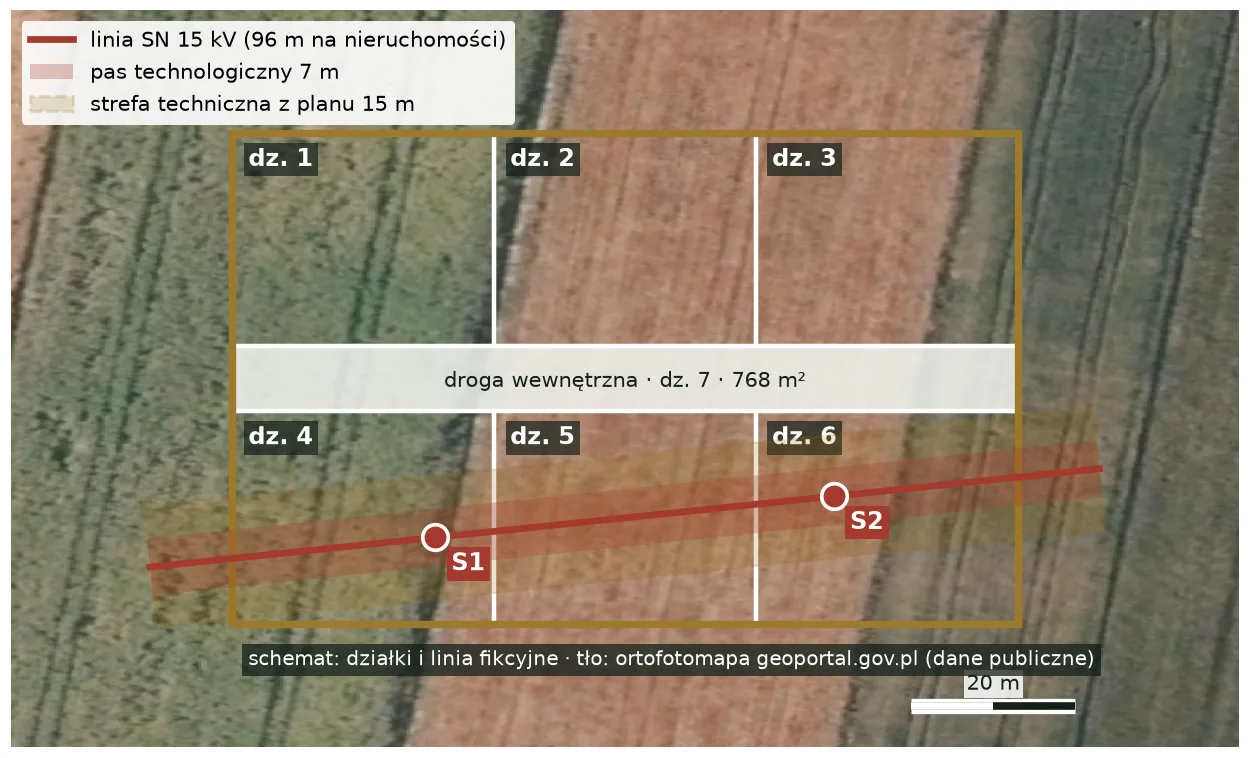 Mapa B: przebieg linii średniego napięcia, słupy S1 i S2, pas technologiczny i strefa techniczna z planu miejscowego