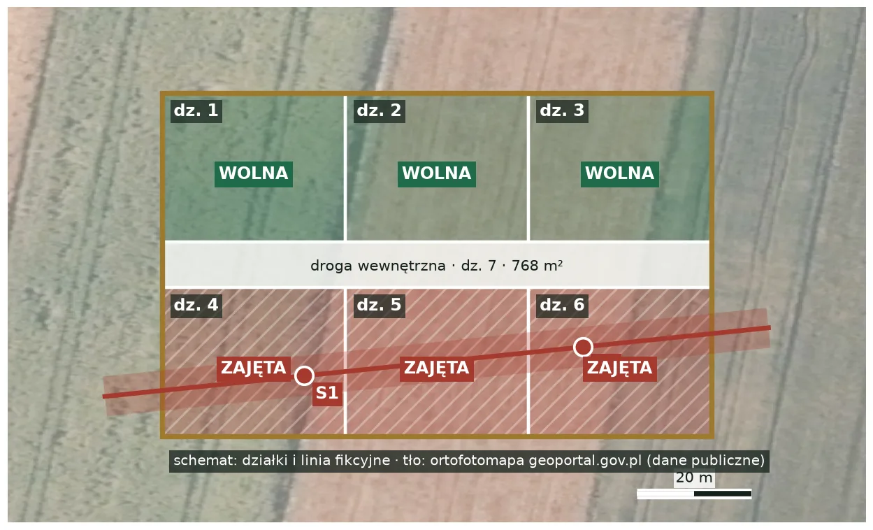 Mapa C: klasyfikacja działek na zajęte przez pas linii, wolne i drogę wewnętrzną